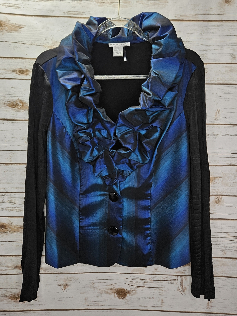 Alberto Makali Iridescent Blue & Black Ruffle-Collar Size Large